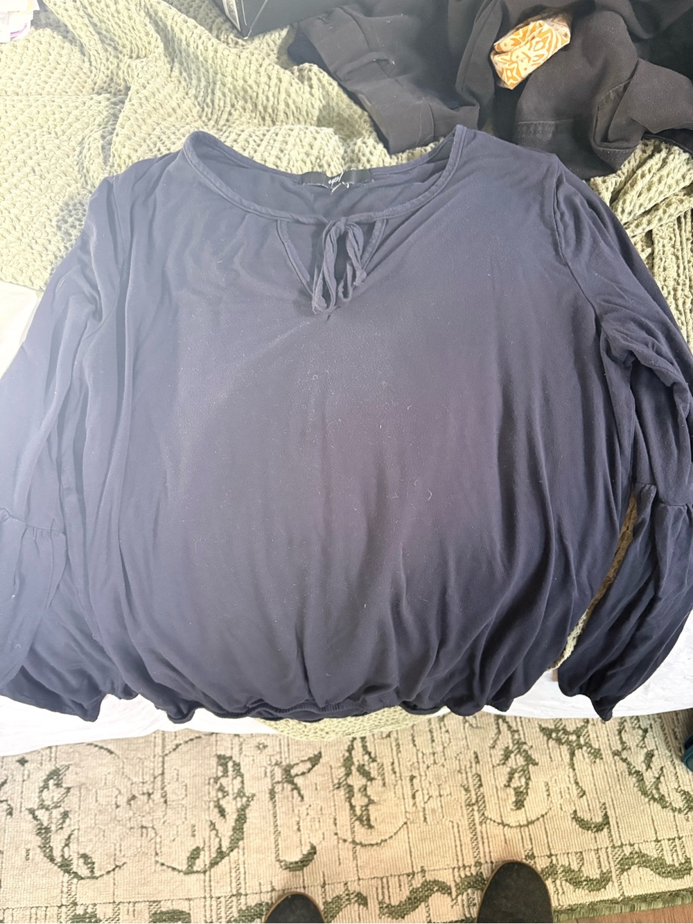 Women’s Navy Tie-Neck Long-Sleeve Blouse